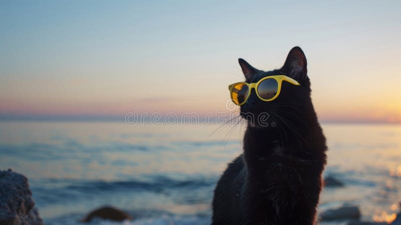 Black cat wearing yellow sunglasses on beach. AI generated